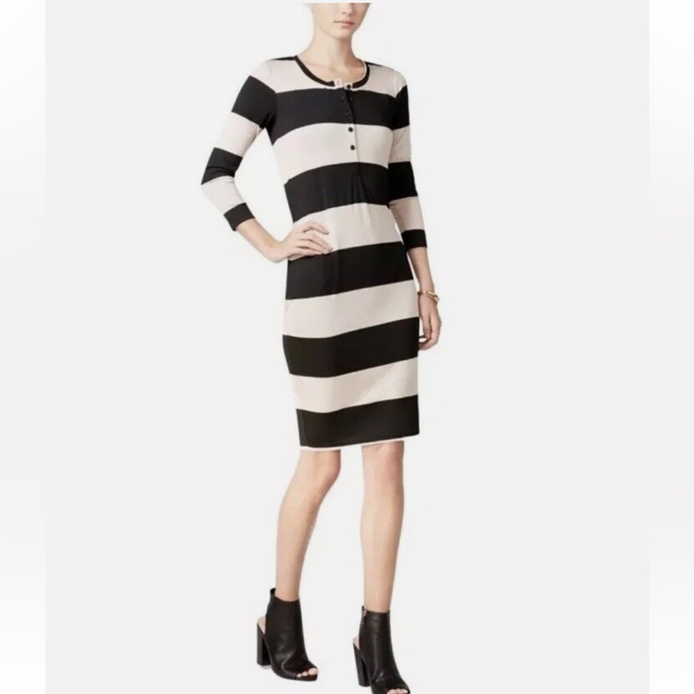 Chelsea Sky Black Beige Striped Sheath Dress S New With Tag